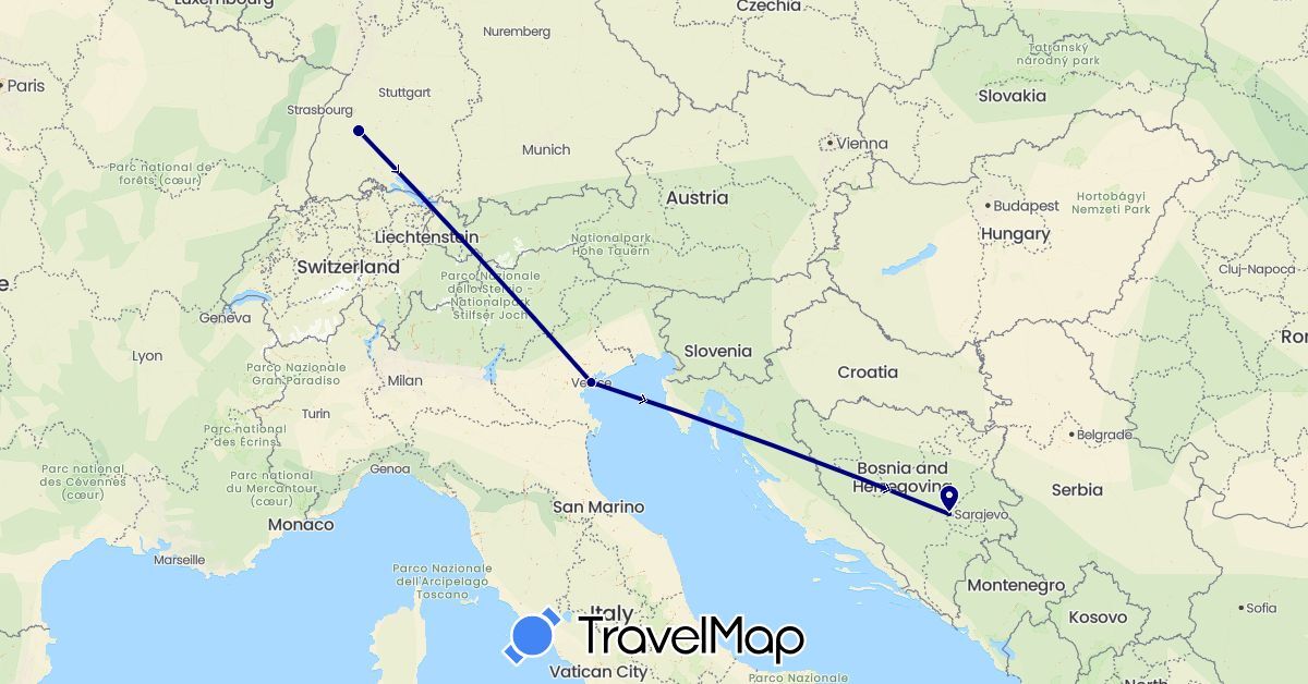 TravelMap itinerary: driving in Bosnia and Herzegovina, Germany, Italy (Europe)